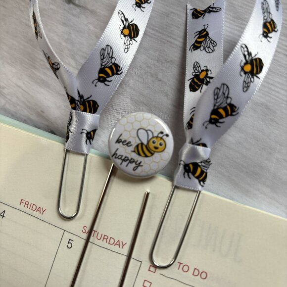 Bee Happy Jumbo Planner Clip Set - Cute Bee Ribbon Paperclips for Planners, Jour - Picture 1 of 4